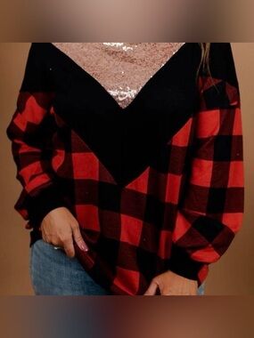 BIBI Sequin Buffalo Plaid Long Sleeve Top Women's 3XL Red Black